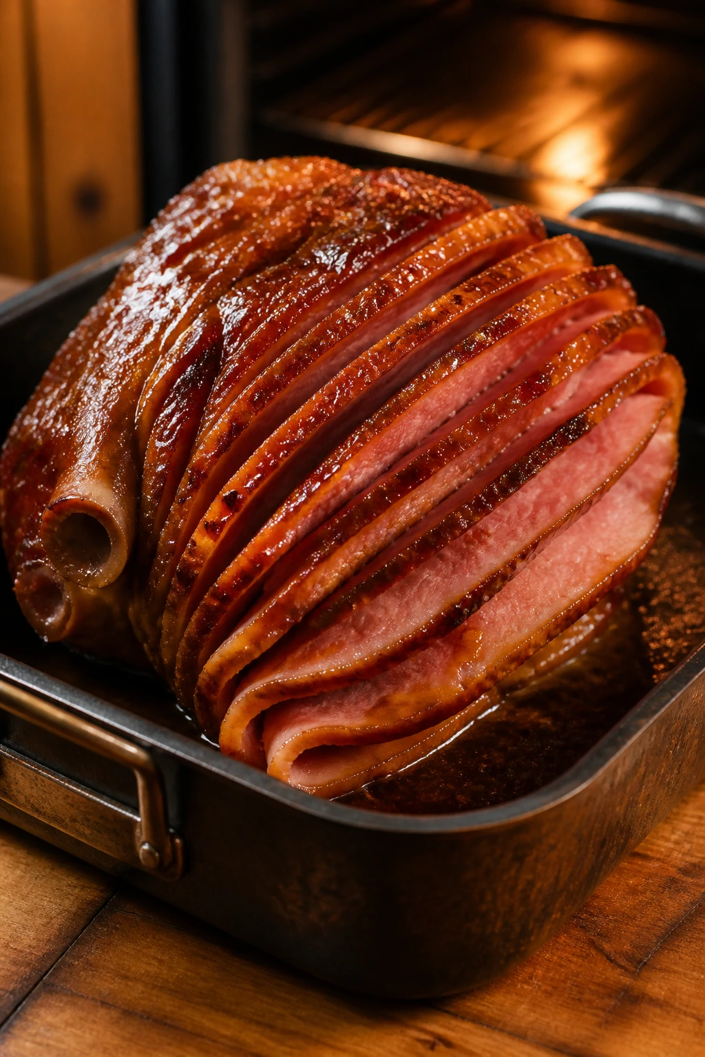 Ham in roasting pan with glossy glaze in a cozy kitchen