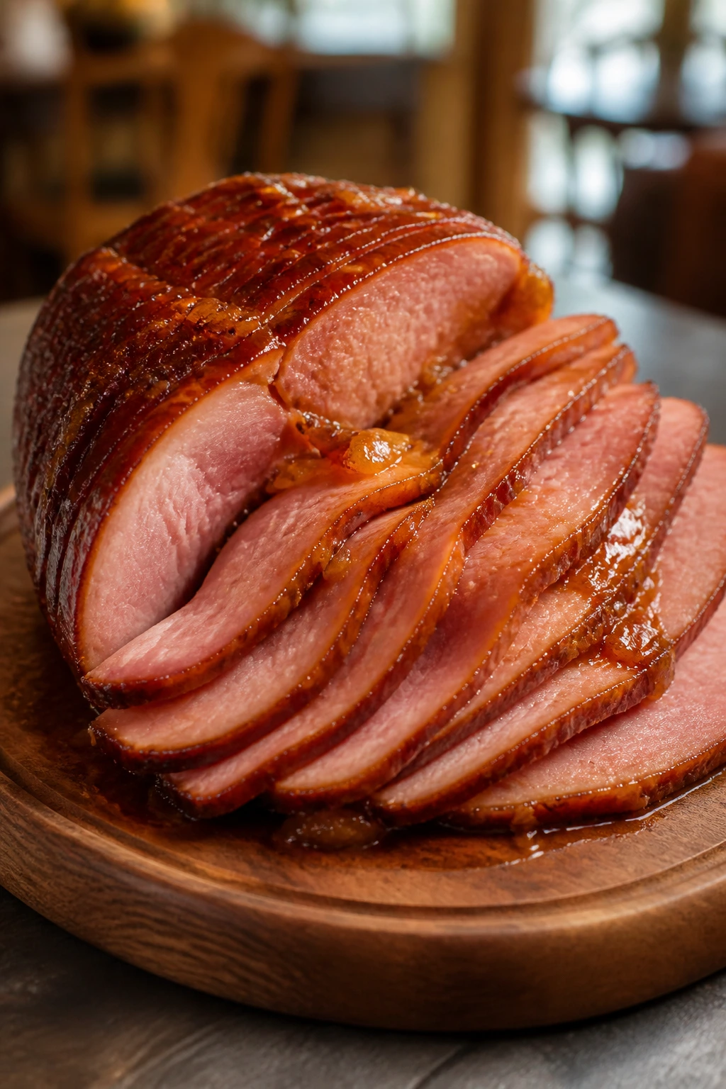 Ham slices on a warm platter with glaze on top