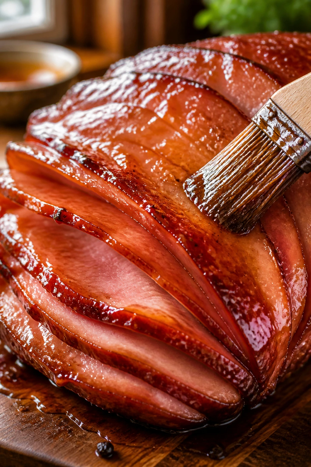 Close-up of glossy amber ham glaze on a spiral ham slice