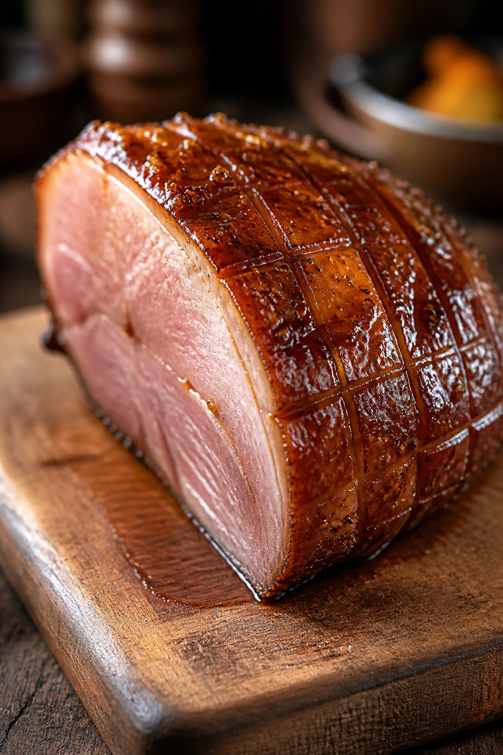 Glazed ham wedge on rustic board with glossy finish