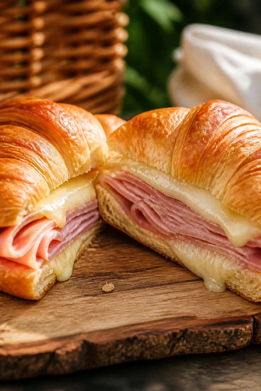 Croissant sandwich with honey ham and Gouda, close-up outdoors