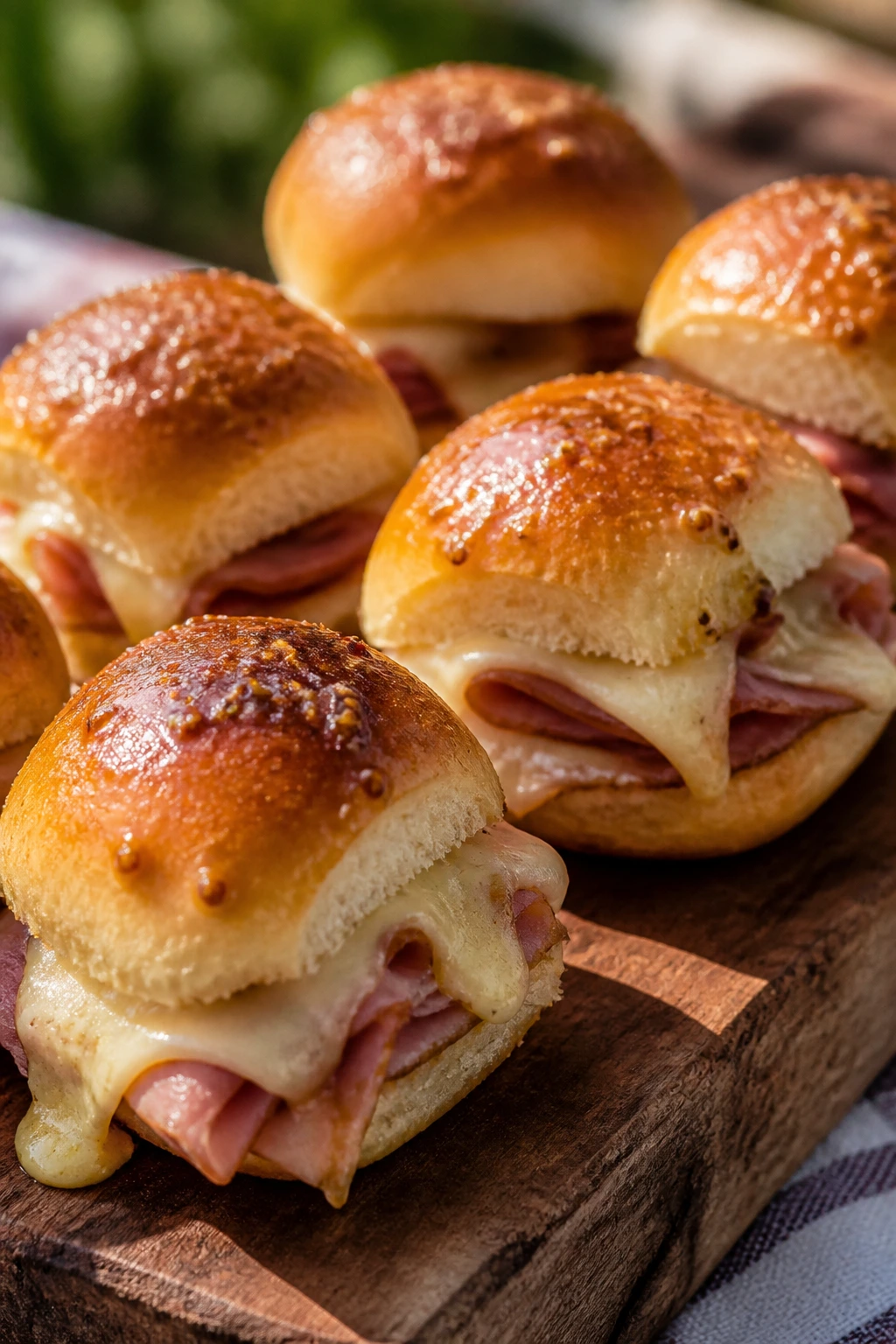 Sliders with ham and Gruyère cheese on a picnic board