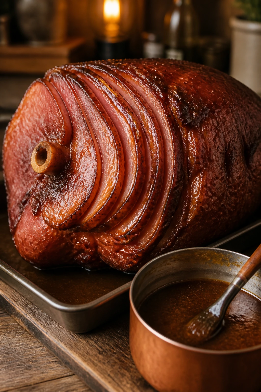 Ham on counter with glaze being prepared in small saucepan