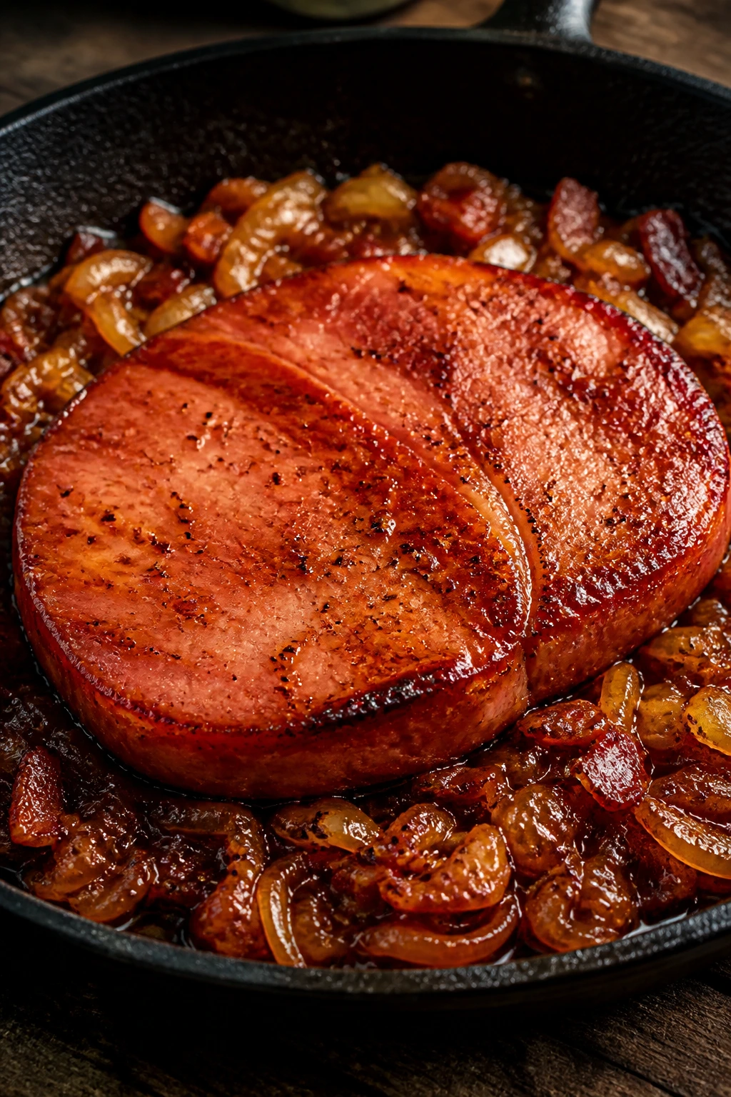 Ham steak on bacon-onion jam in skillet