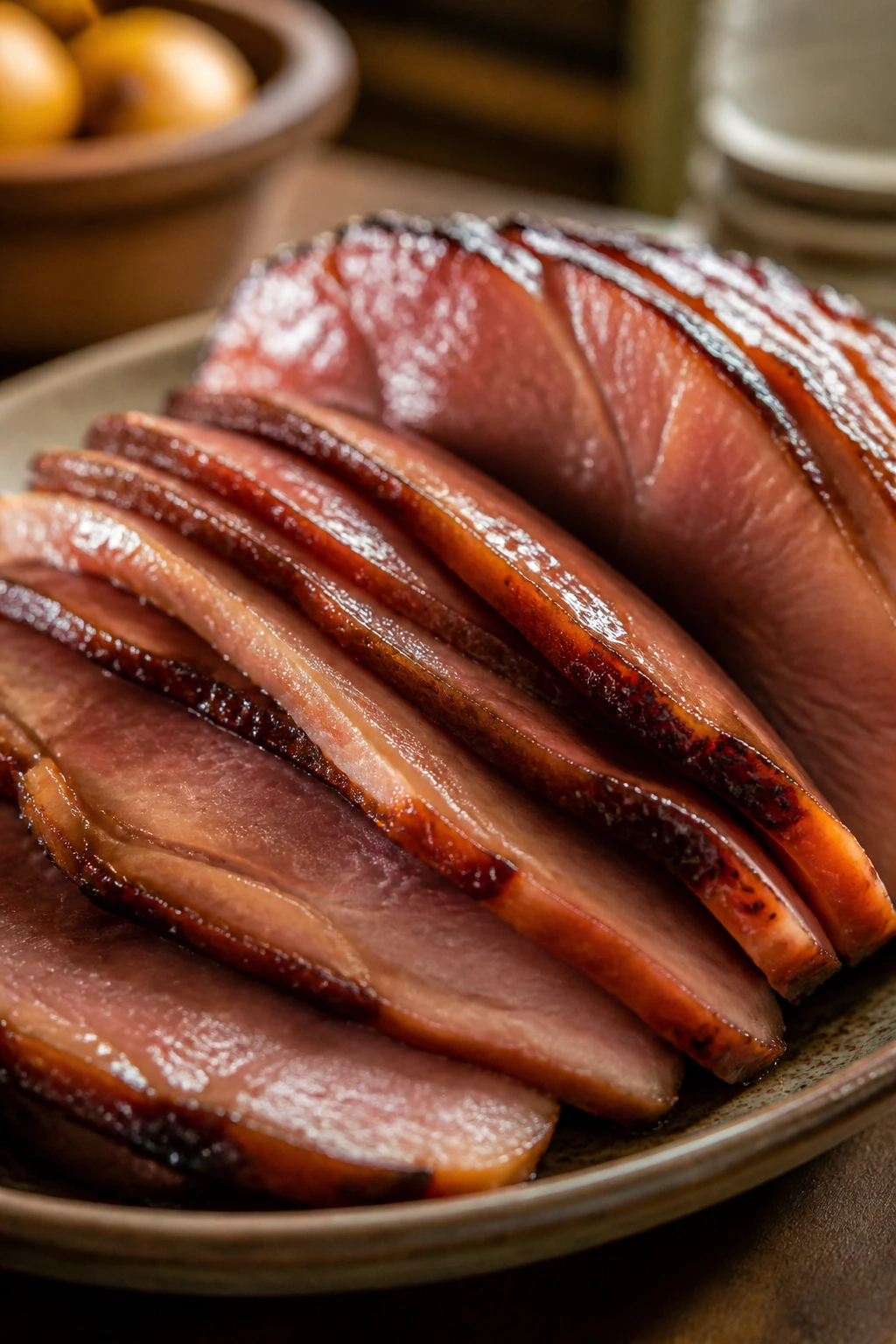 Close-up of glossy ham leftovers on a rustic plate in a warm kitchen