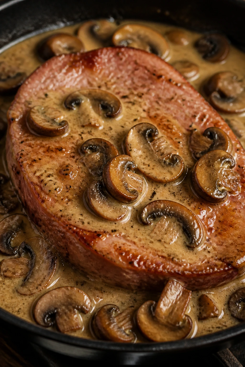 Ham steak in creamy mushroom pan sauce with mushrooms