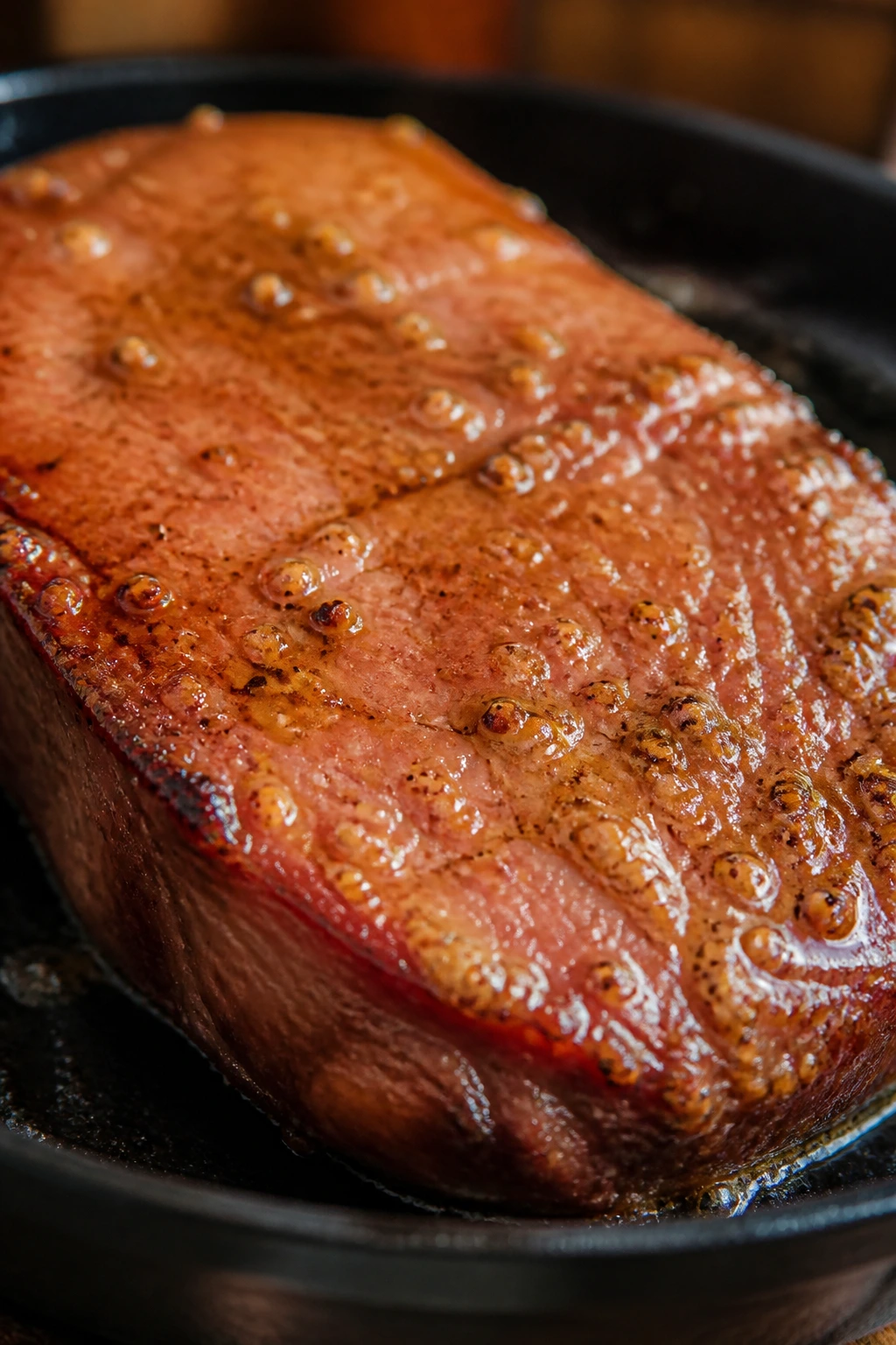 Ham slice with glossy glaze showing brown sugar and mustard tones
