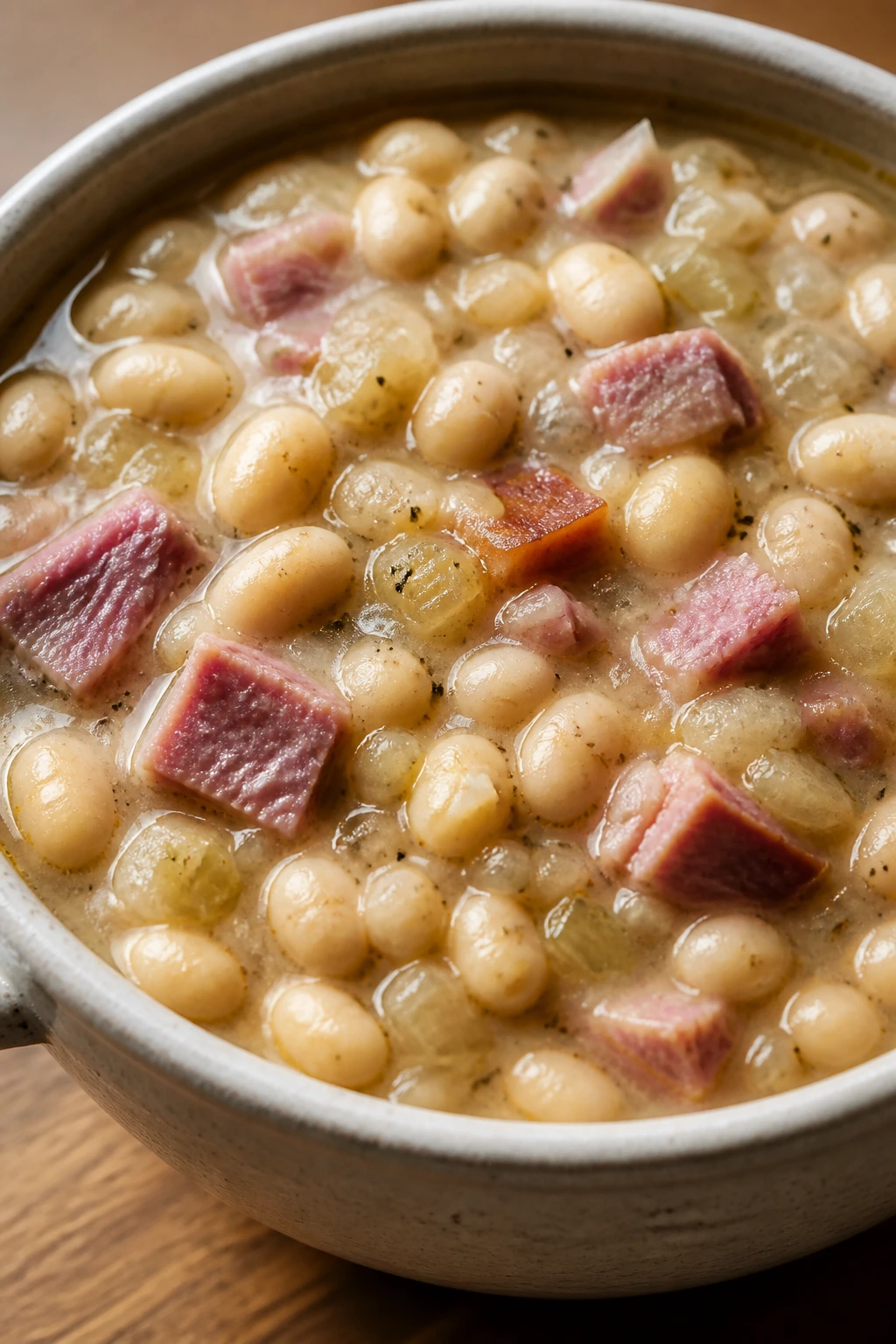 Hearty ham and navy bean soup in a bowl