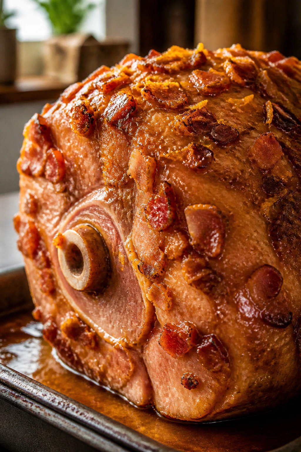 Close-up of bone-in ham with orange ginger bacon glaze