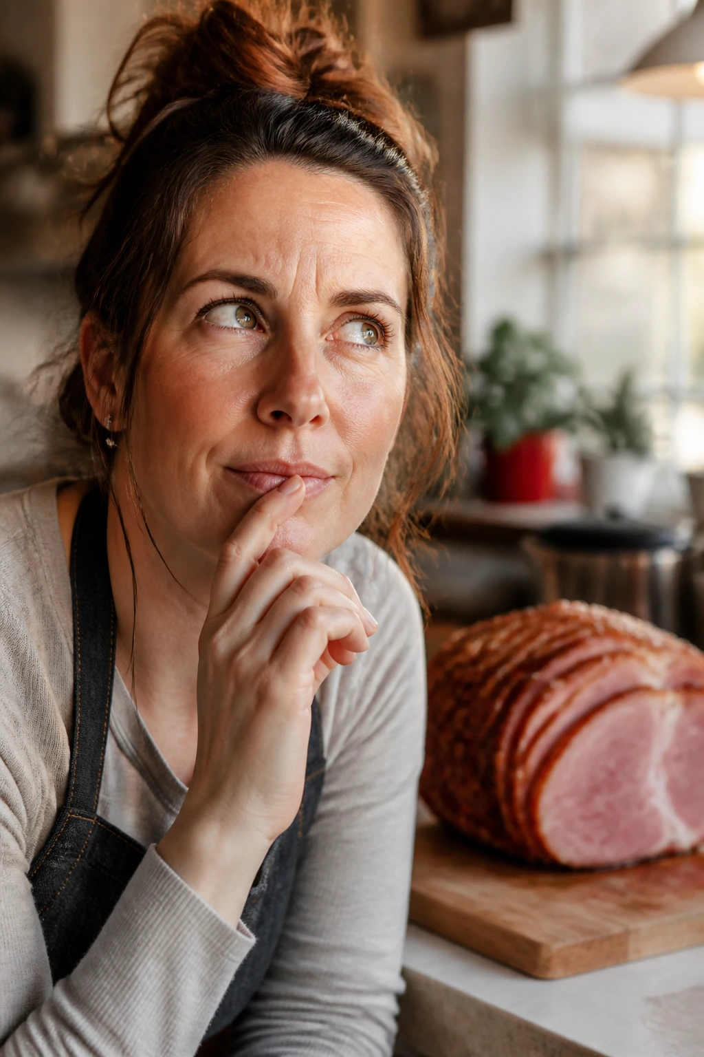 Close-up portrait of a thoughtful home cook in a warm kitchen with a ham in the background