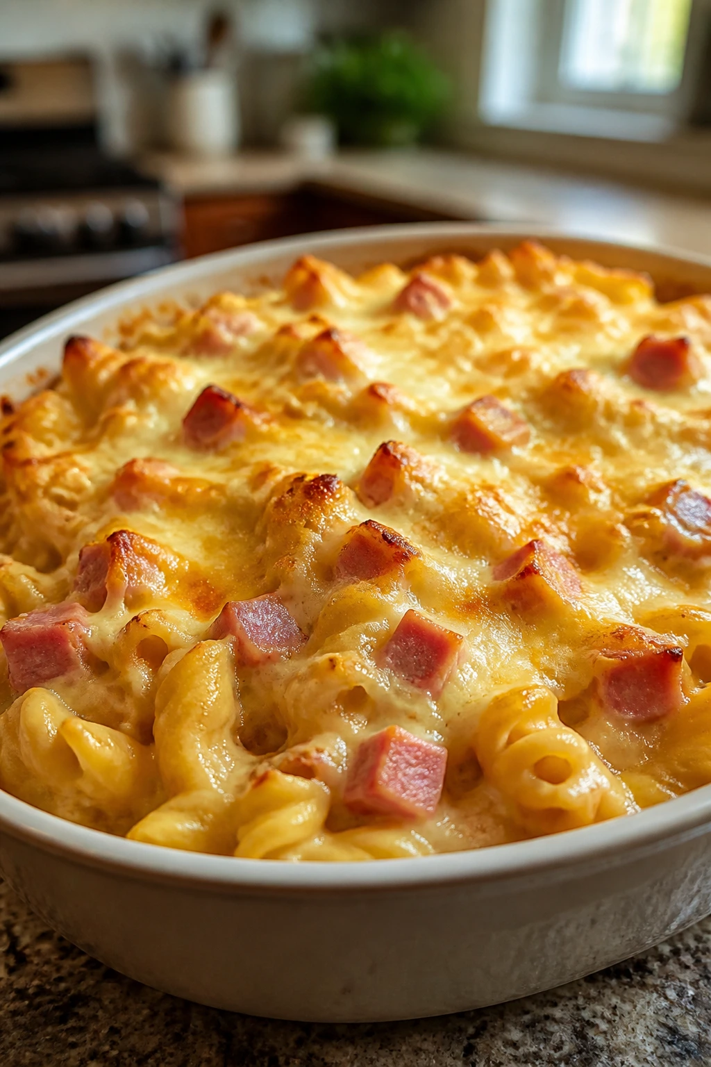Close-up of Ham and Cheese Pasta Bake with browned top