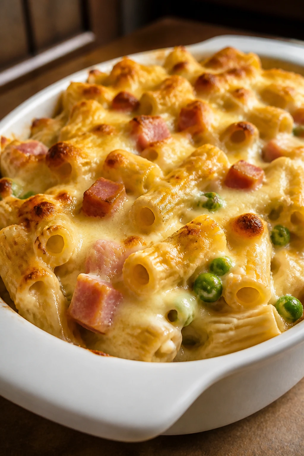 Creamy ham and cheese pasta bake with peas and browned top