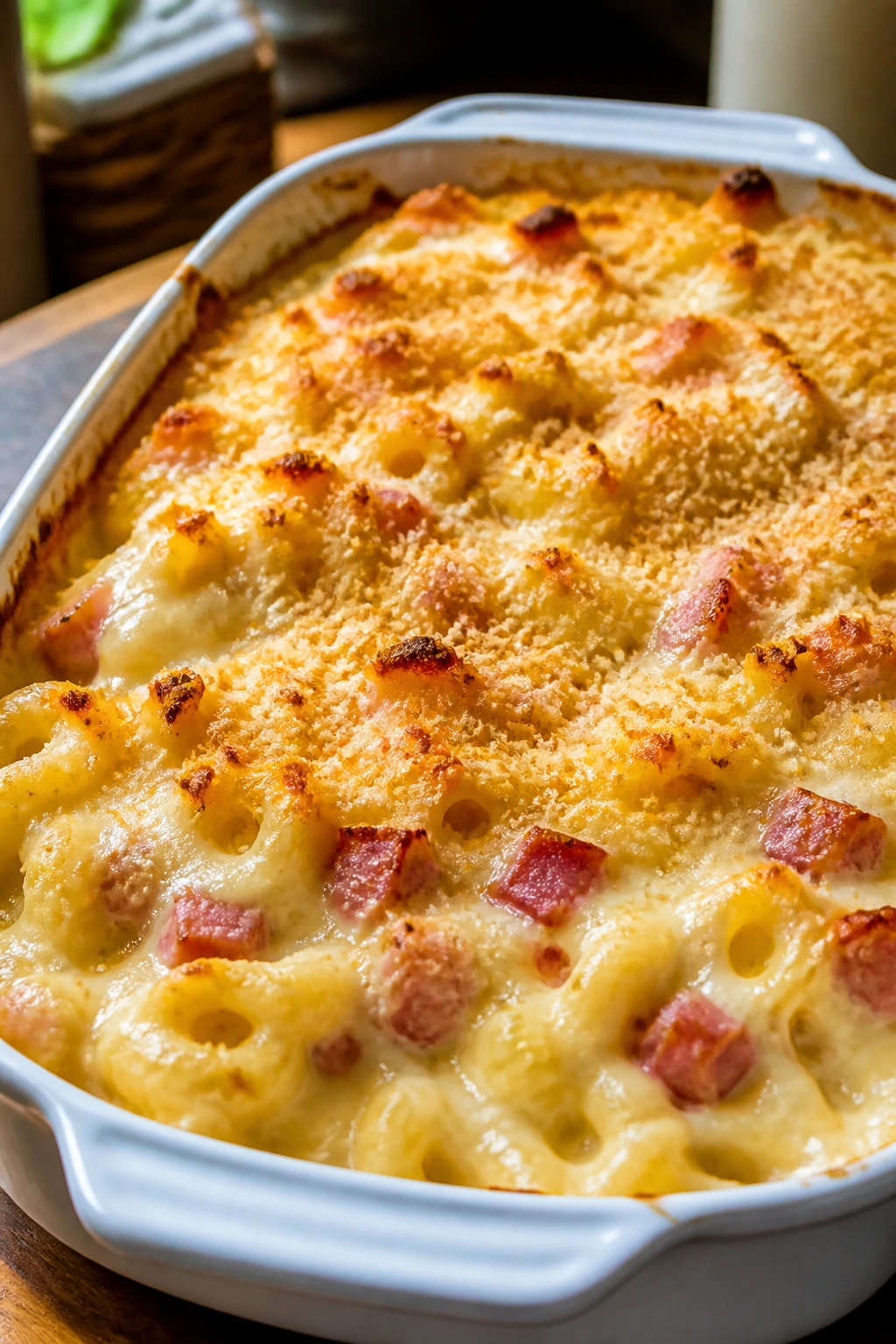 Close-up of a bubbling ham and cheese pasta bake with golden crust in a white dish on a wooden kitchen counter