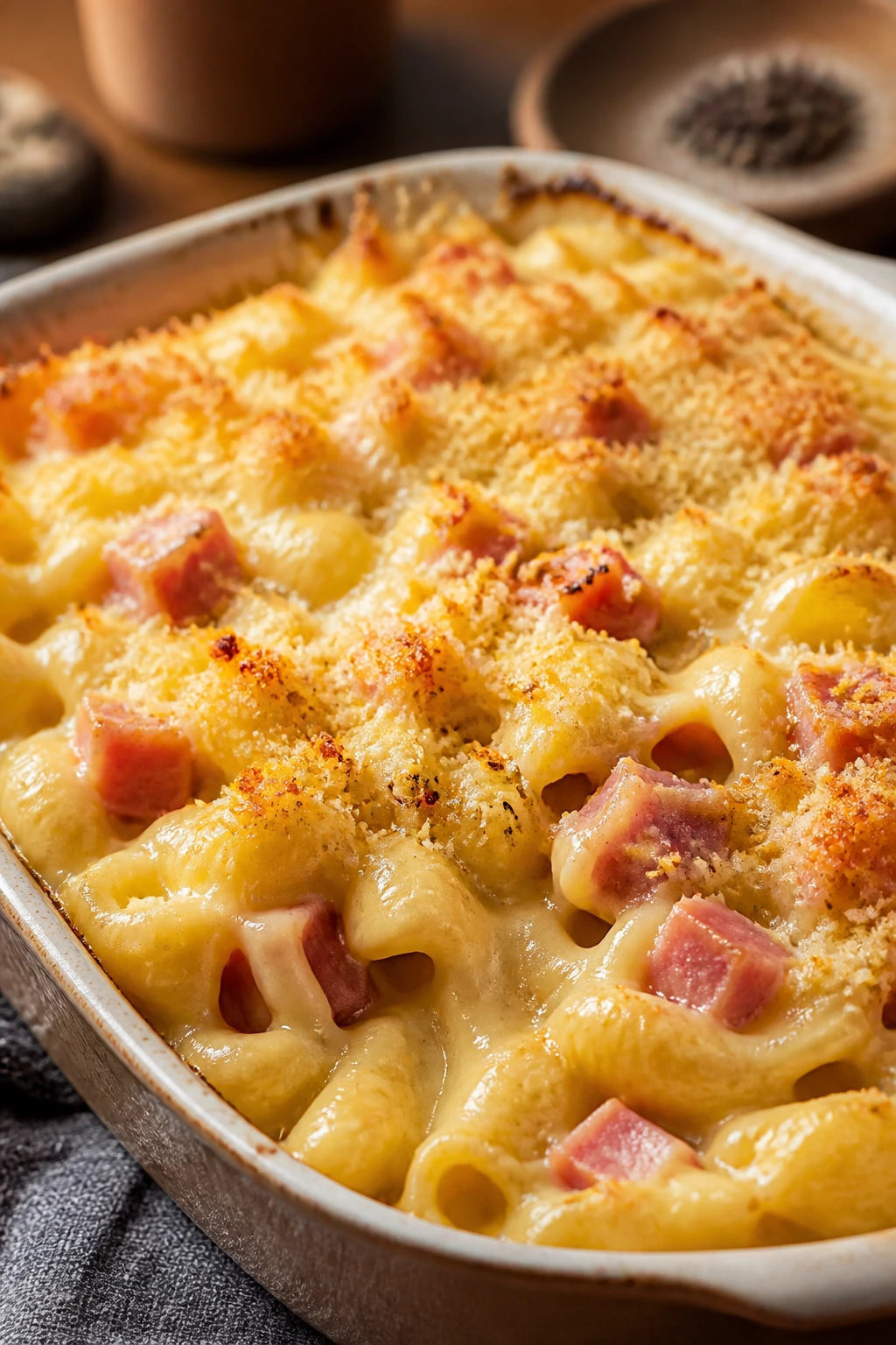 Close-up of creamy ham and cheese pasta bake bubbling in a dish