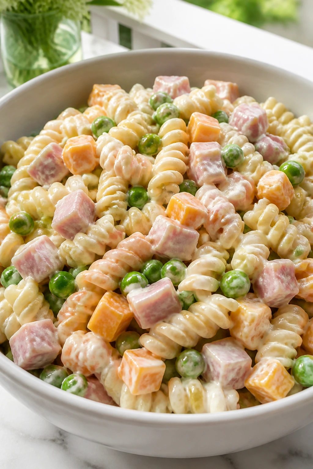 Close-up of ham pasta salad with peas and cheddar cubes in a bowl