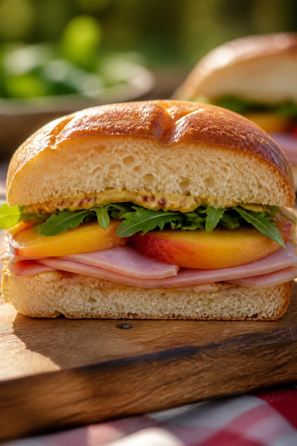 Cross-section ham peach dijon sandwich on rustic board
