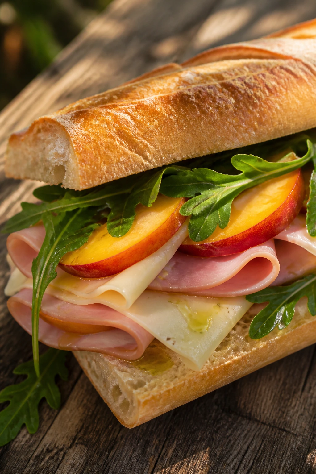Close-up ham peach Havarti baguette on a picnic table outdoors