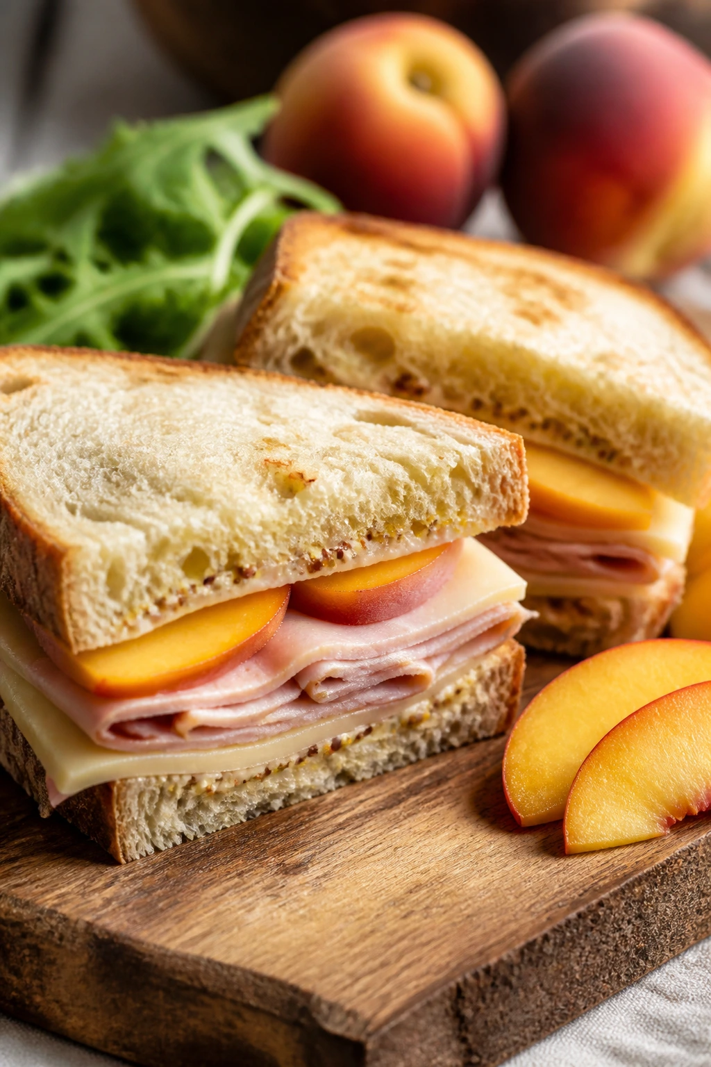 Cross-section of ham peach havarti sandwich on rustic board