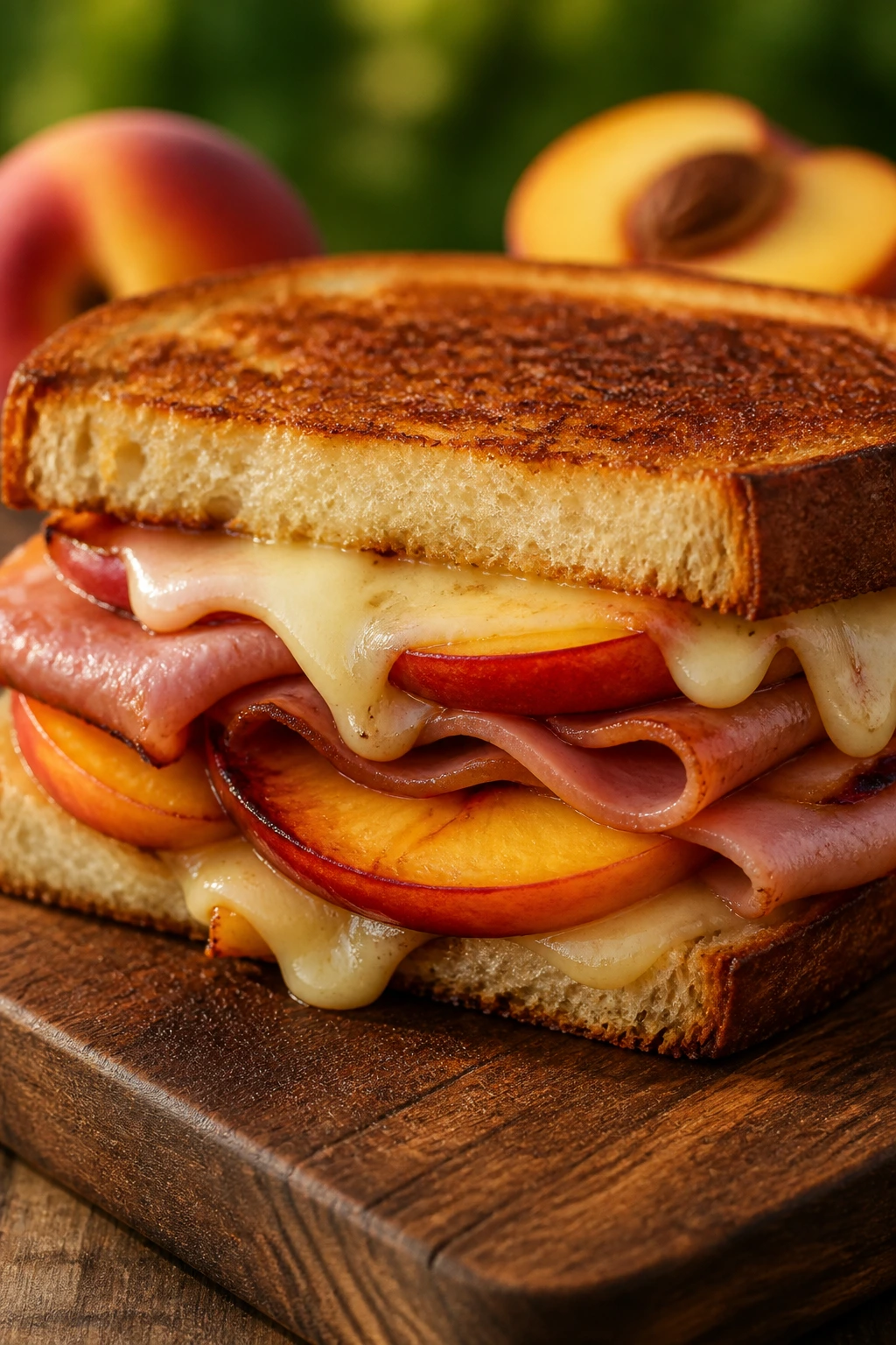 Ham, peach, Swiss grill sandwich with melted cheese