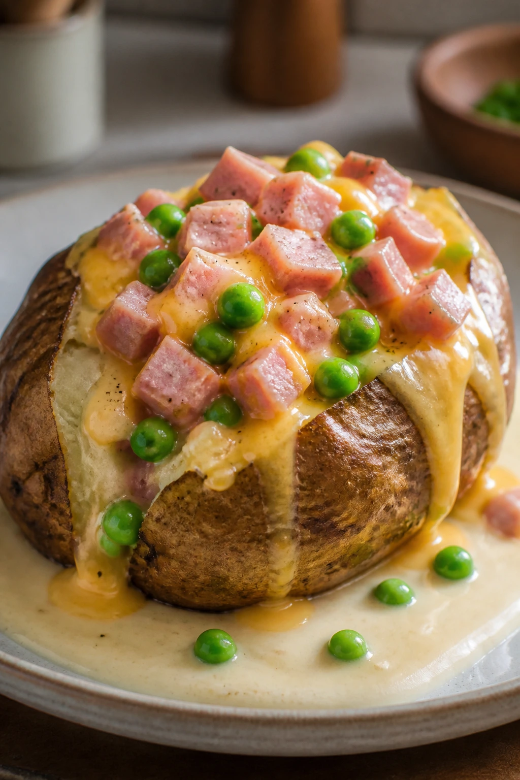 Loaded potato with ham, peas, and cheddar in a cozy kitchen