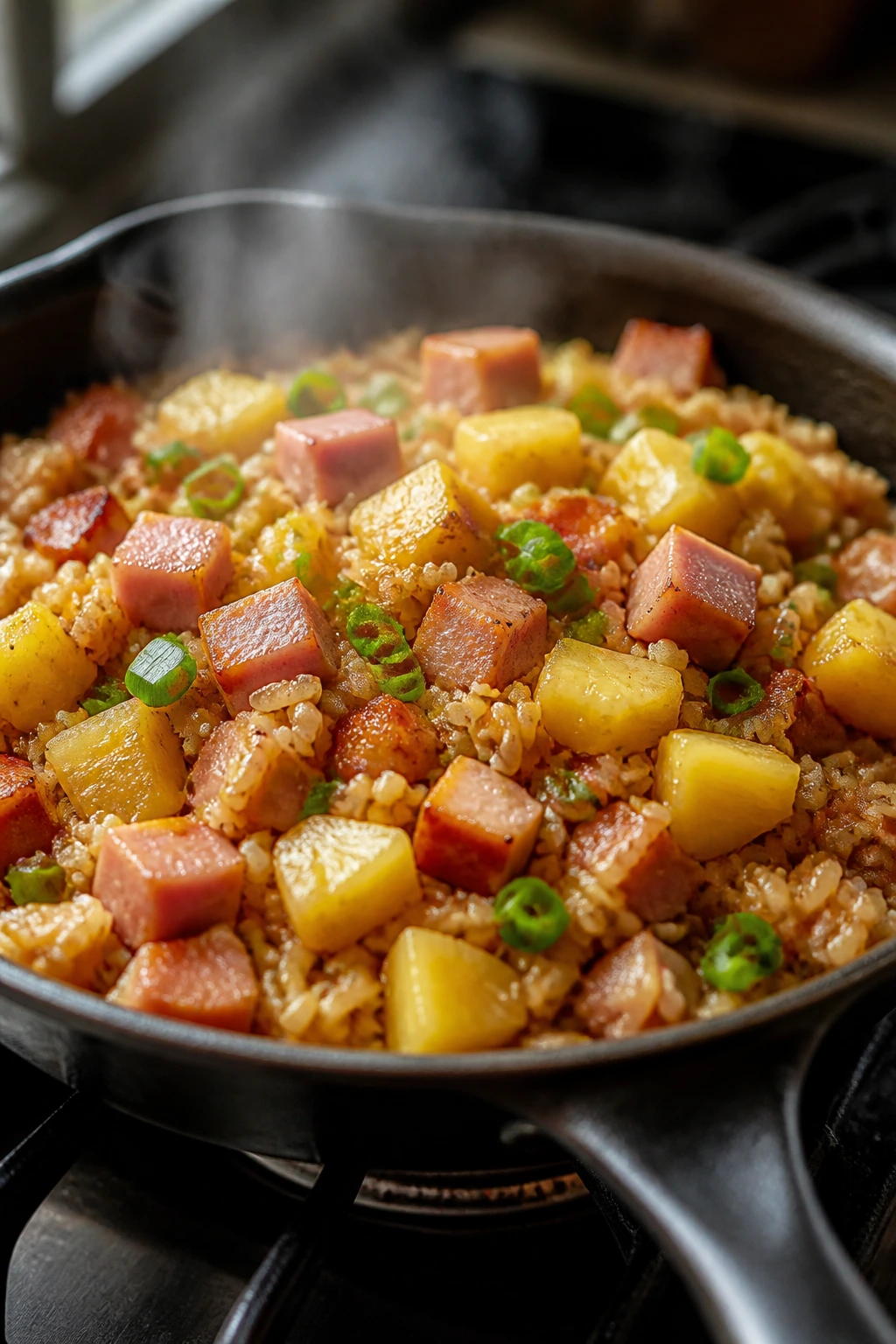 Close-up of Hawaiian ham and pineapple rice skillet on stove