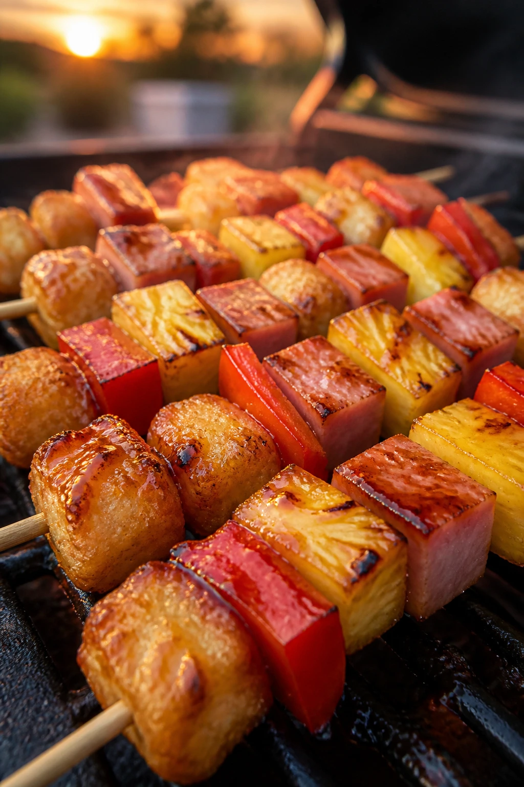 Close-up of Hawaiian ham and pineapple tater tot skewers on grill
