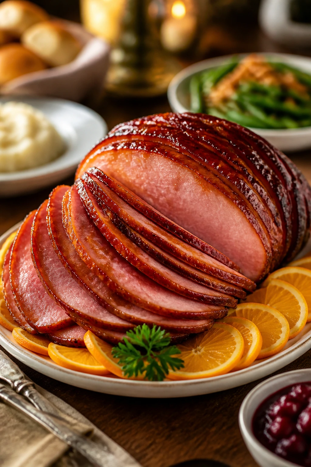 Ham plated on a warmed platter with orange garnish