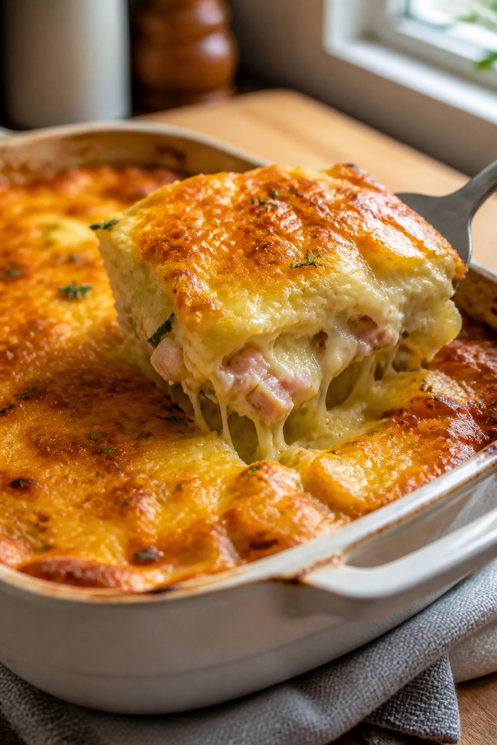 Golden cheesy ham and potato casserole in baking dish with a slice lifted