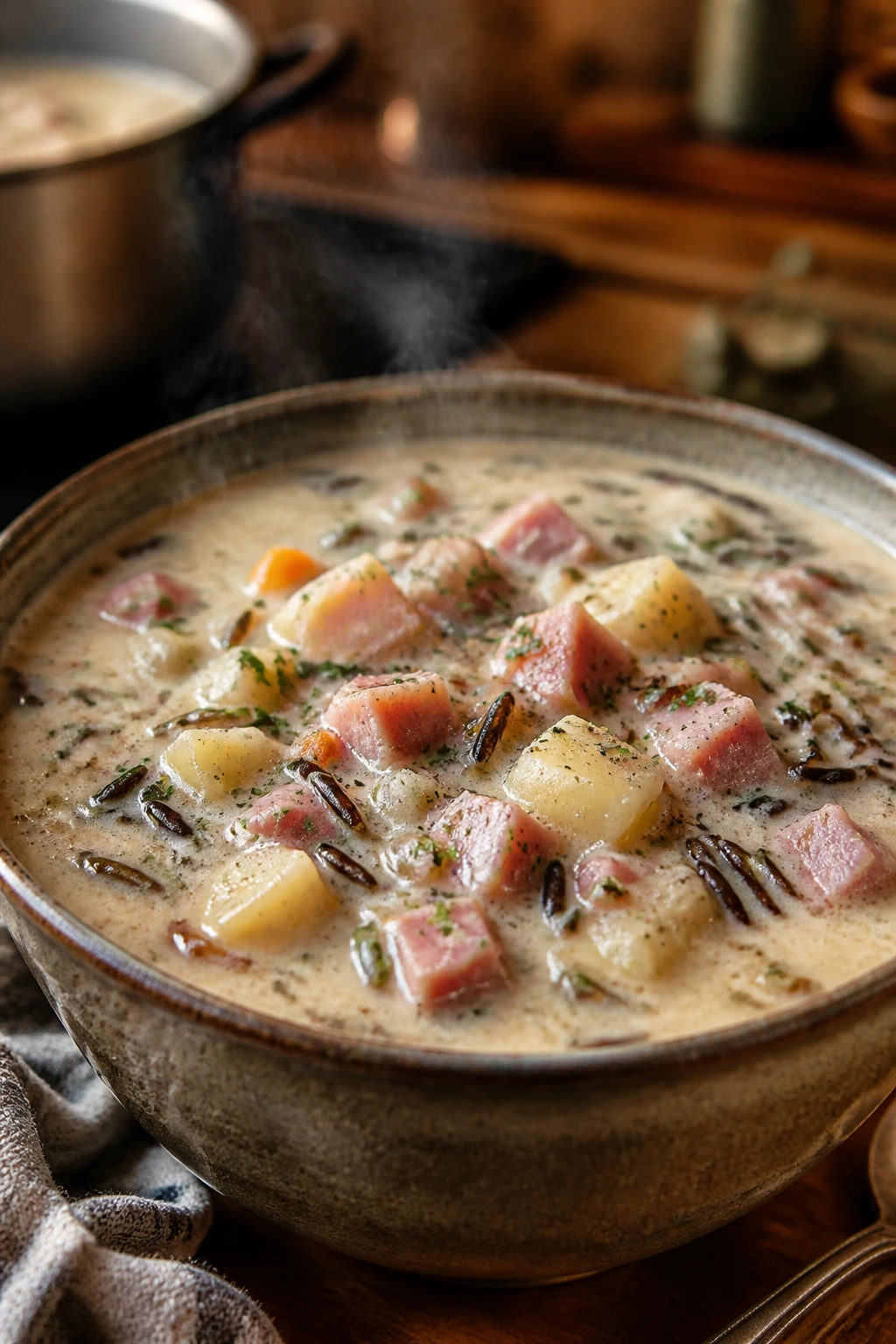 Creamy ham and potato wild rice chowder in a bowl.