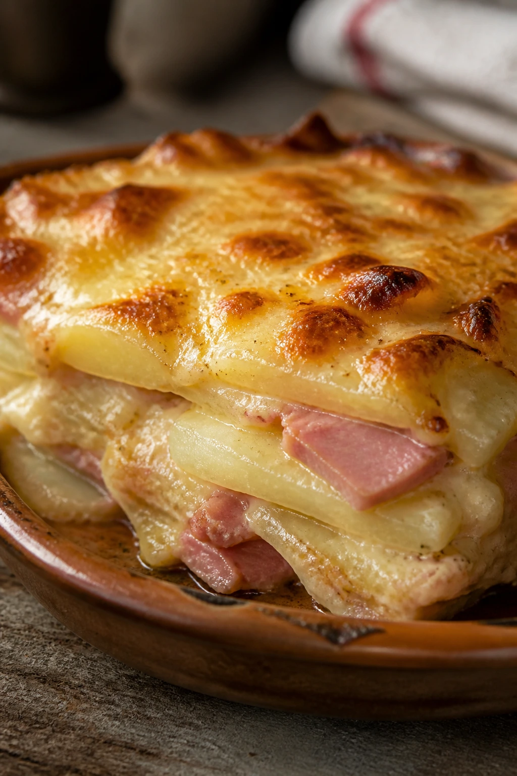 Golden potato gratin slice with ham and creamy sauce