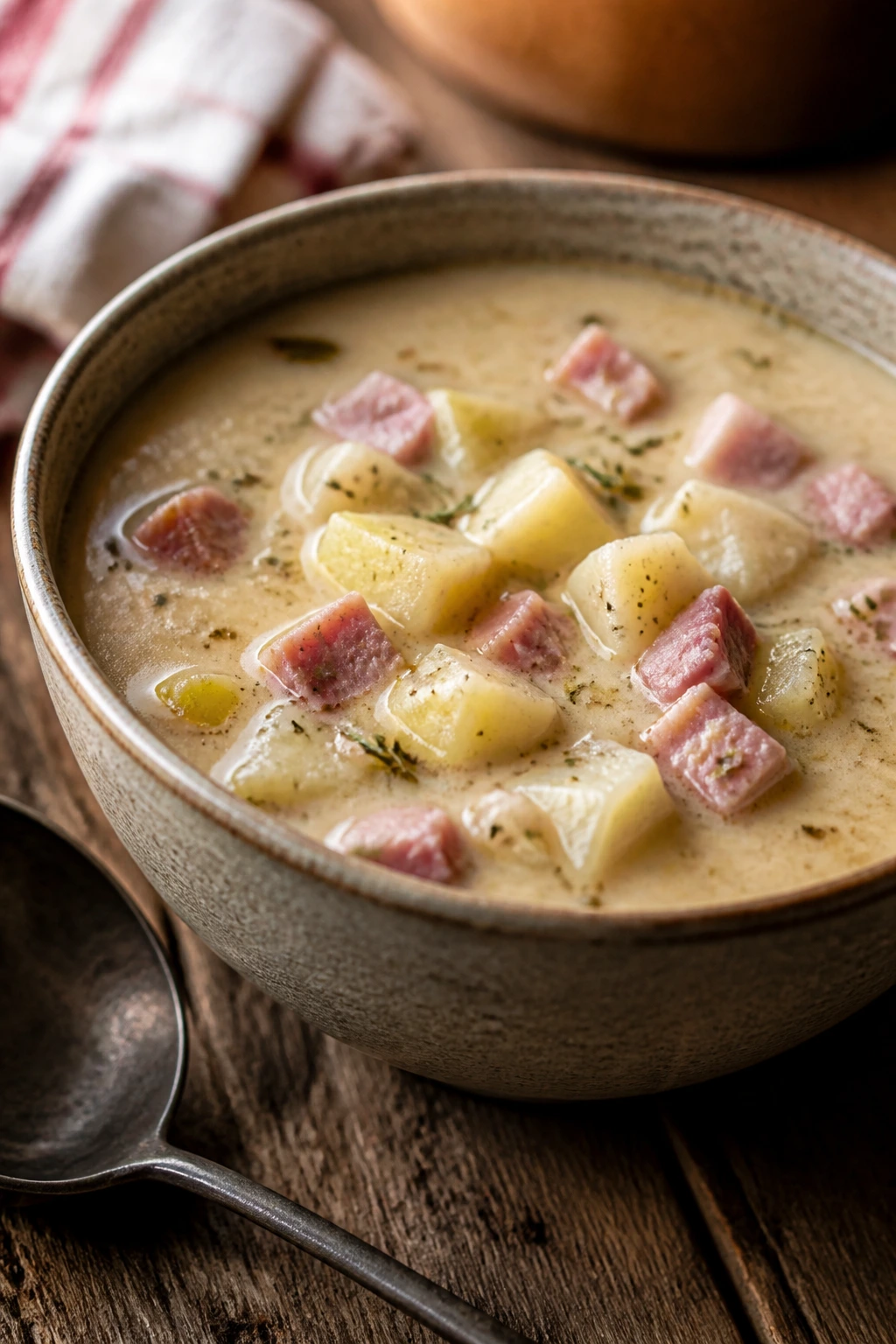 Close-up ham and potato soup with potatoes and ham