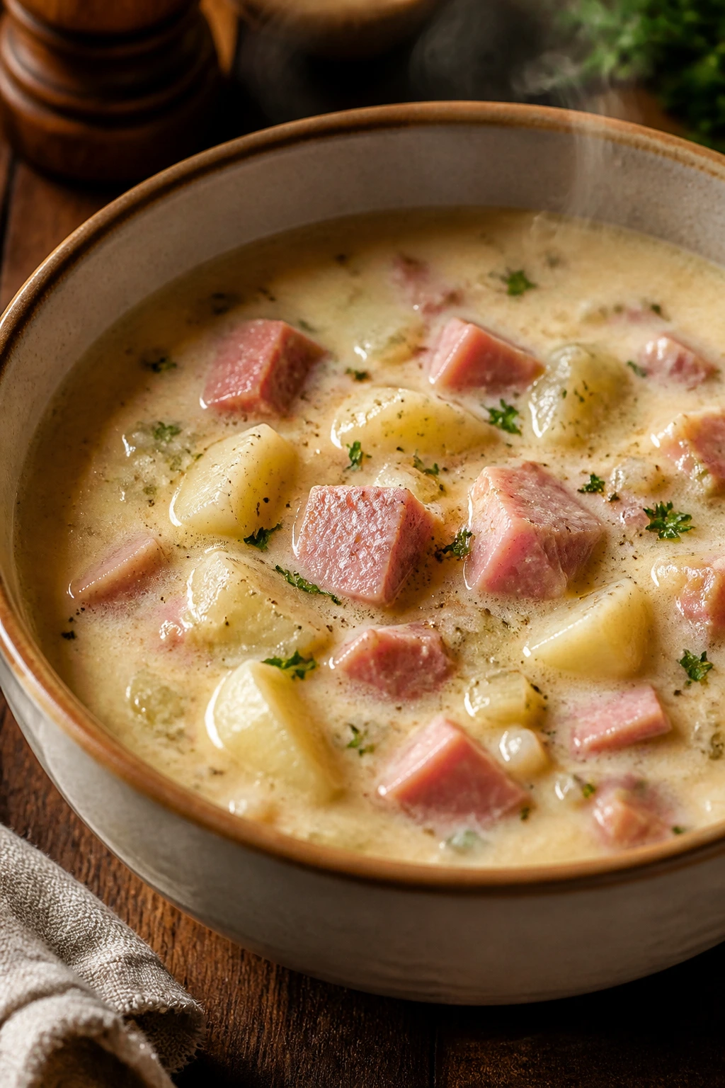 Steaming ham and potato soup in a bowl on a wooden table