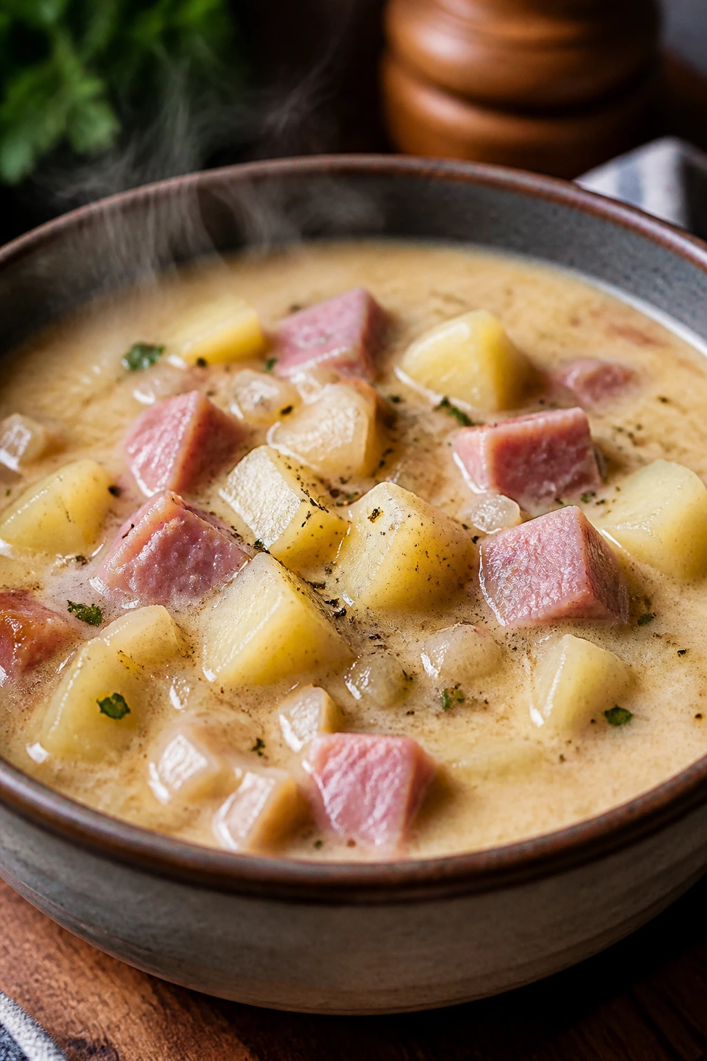 Close-up of Ham and Potato Soup in a deep bowl