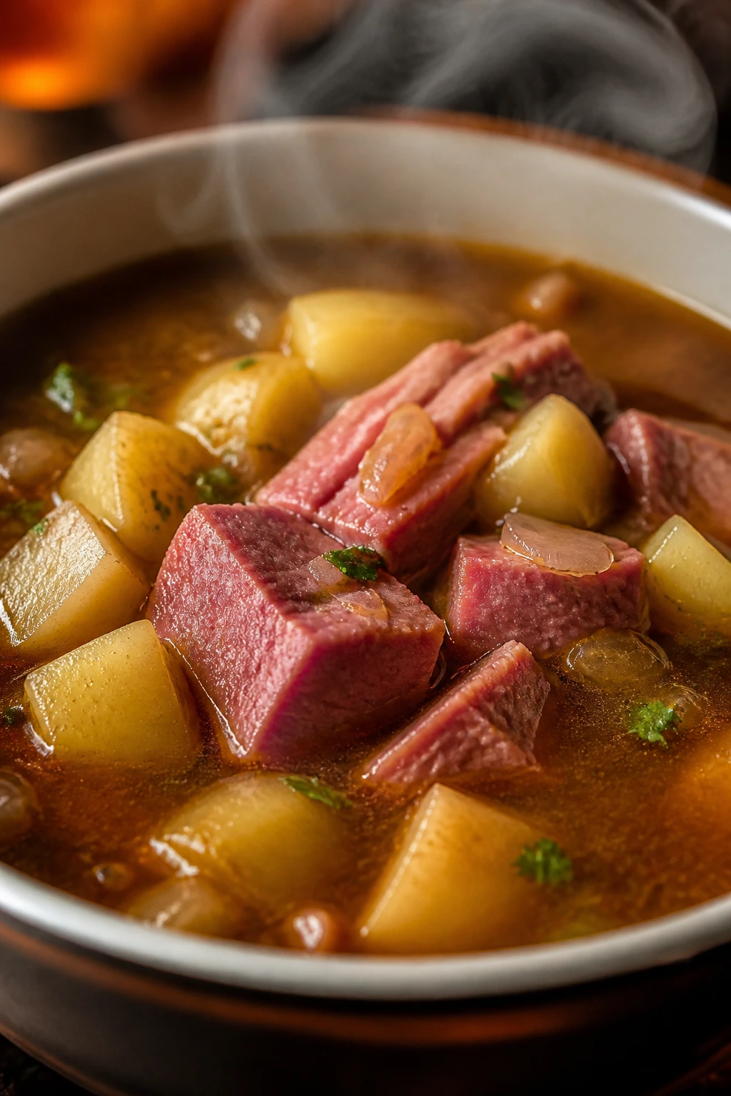 Smoky ham and potato variation of sour soup in a bowl
