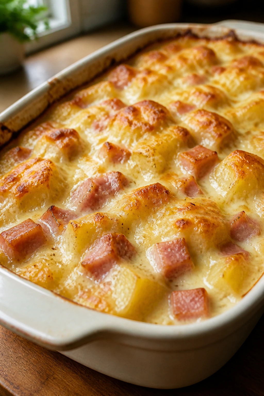 Close-up of cheesy ham and potato bake in a baking dish with a golden crust