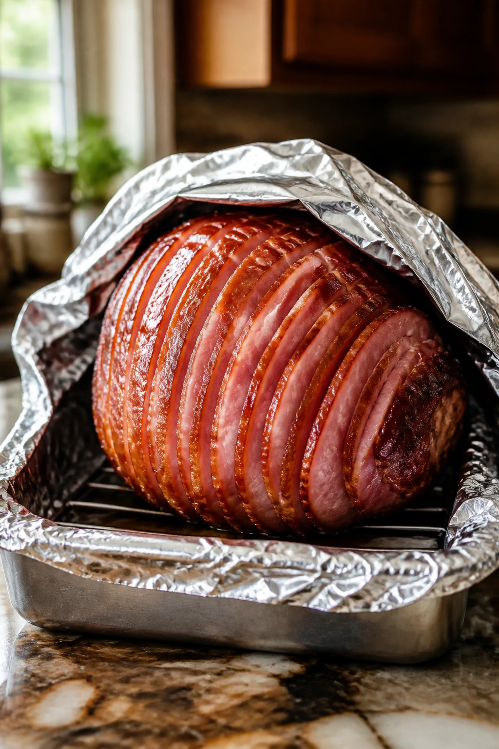 Close-up of a spiral-cut ham on a foil-lined roasting pan in a warm kitchen.