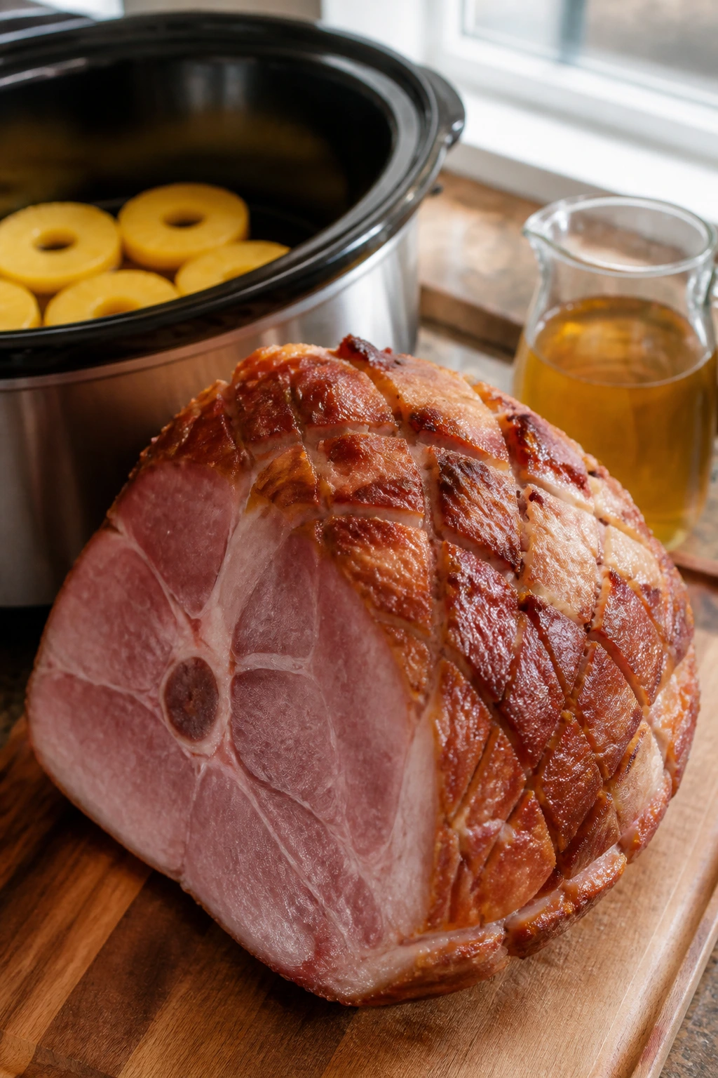 Close-up of ham being prepped with scoring and pineapple in a slow cooker setup