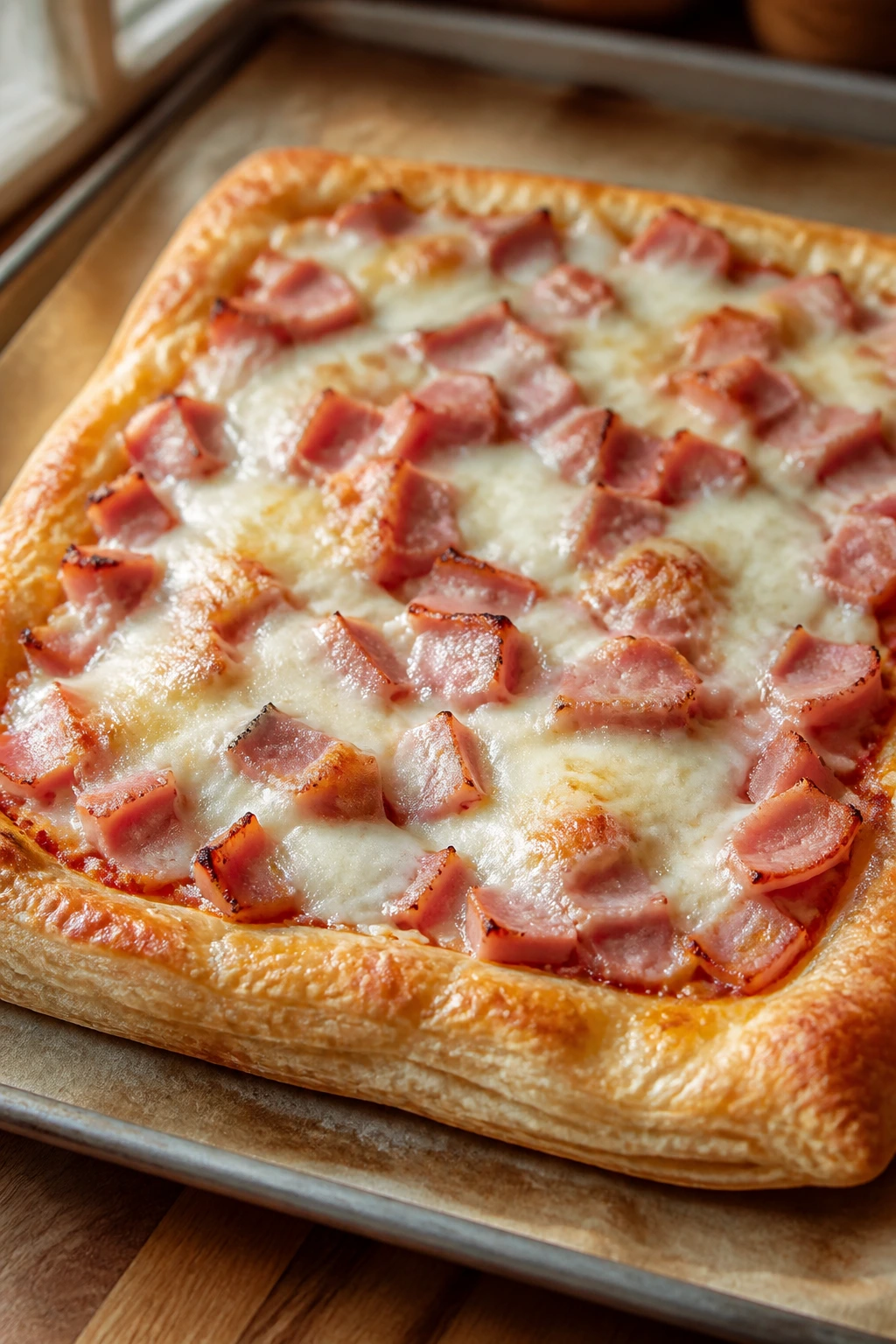 Close-up of ham and cheese puff pastry pizza on parchment in a warm kitchen
