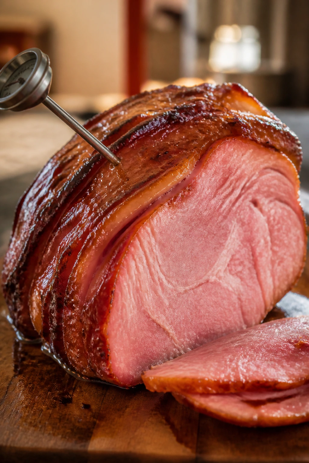 Close-up of a glazed, ready-to-serve ham in a cozy kitchen