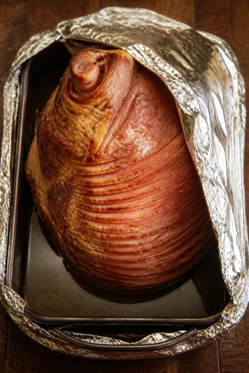 Ham in foil-covered roasting pan with water in bottom