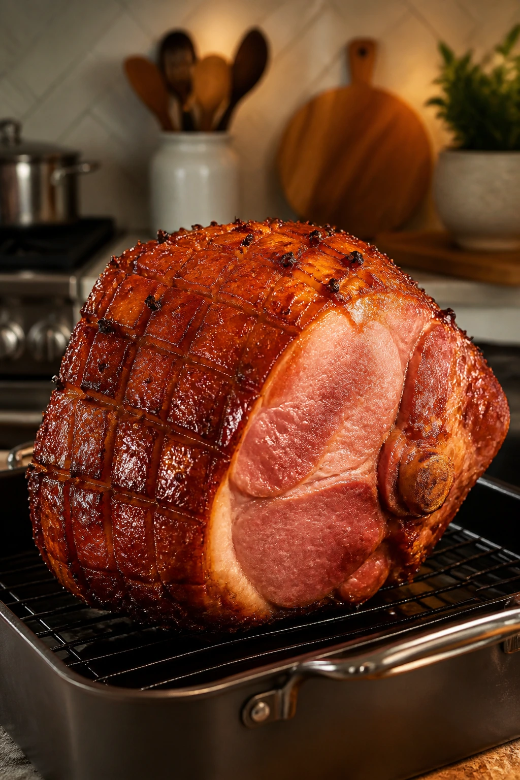 Ham on rack in roasting pan in kitchen