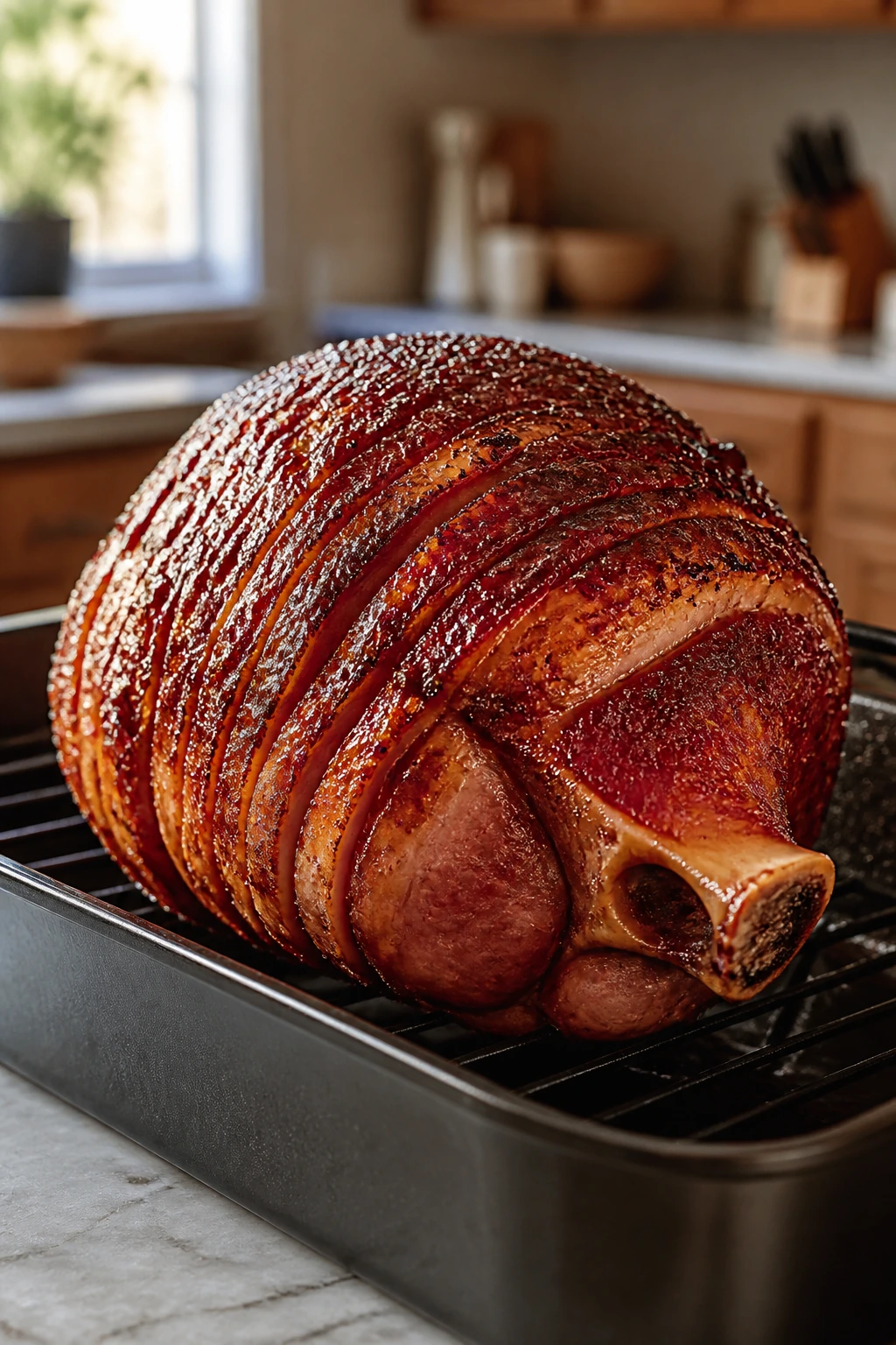 Bone-in ham on roasting rack in a home kitchen