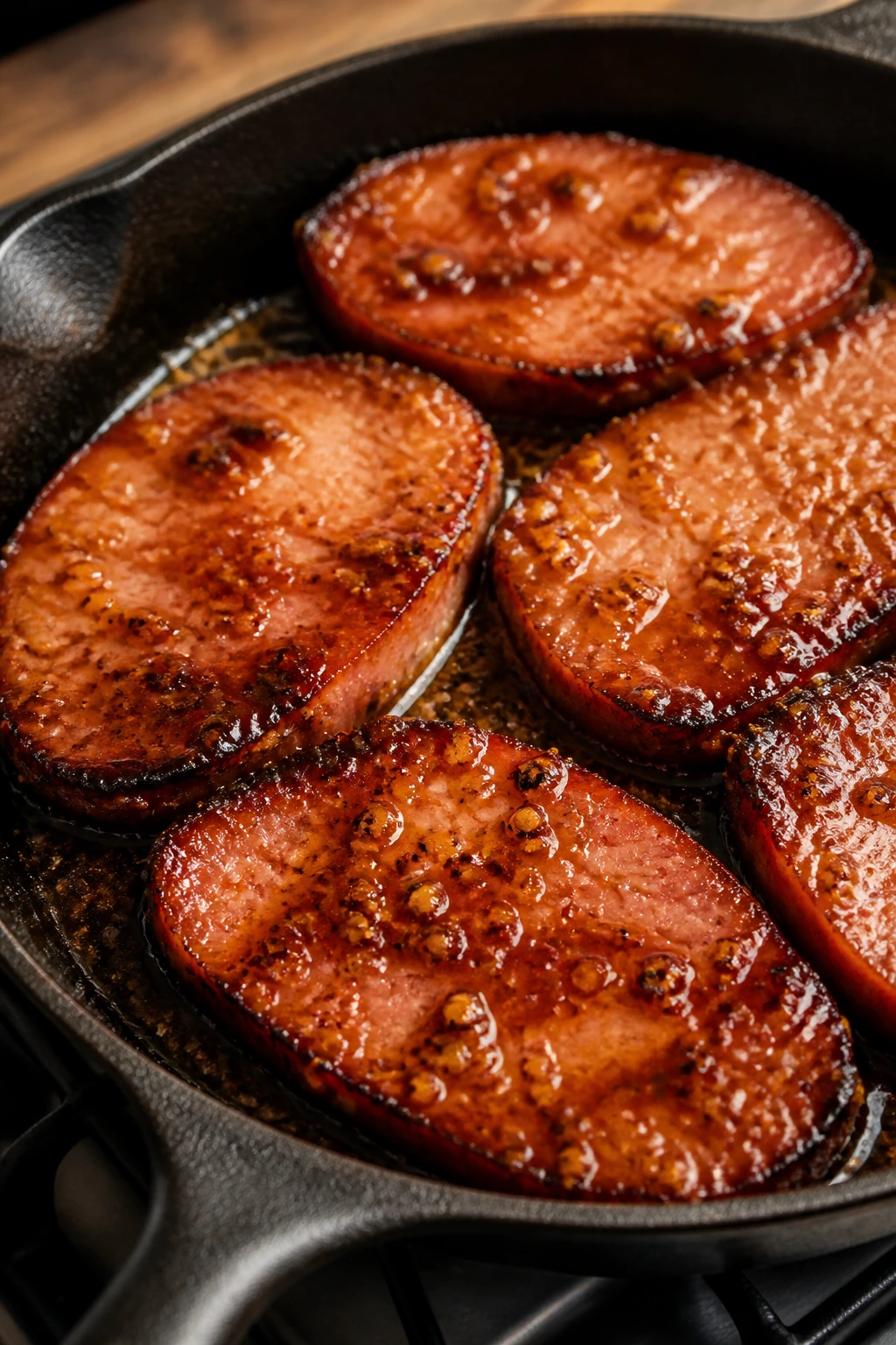 Close-up of juicy ham slices with glossy brown sugar glaze in a skillet