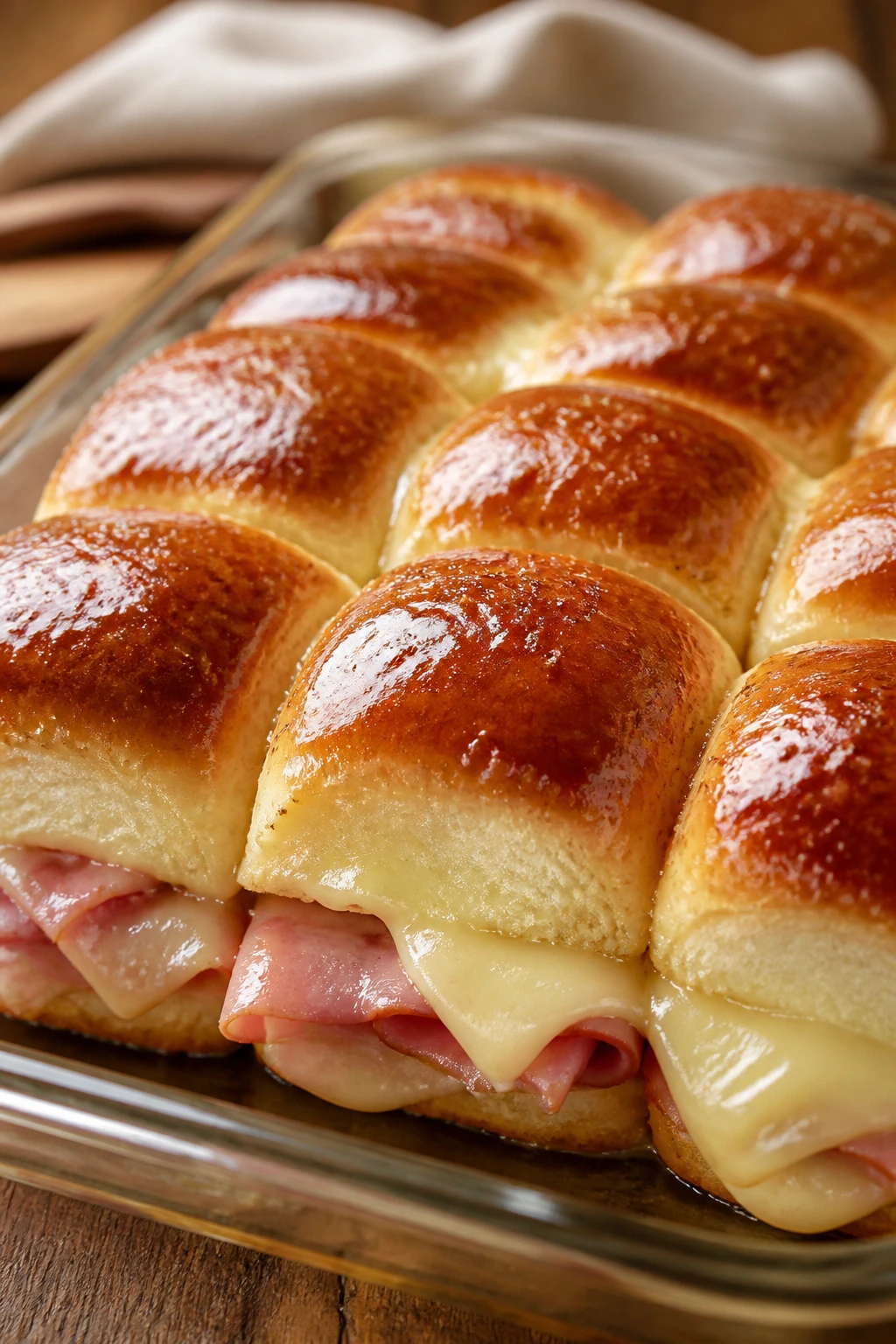 Tray of Hawaiian ham and cheese sliders with melted Swiss cheese