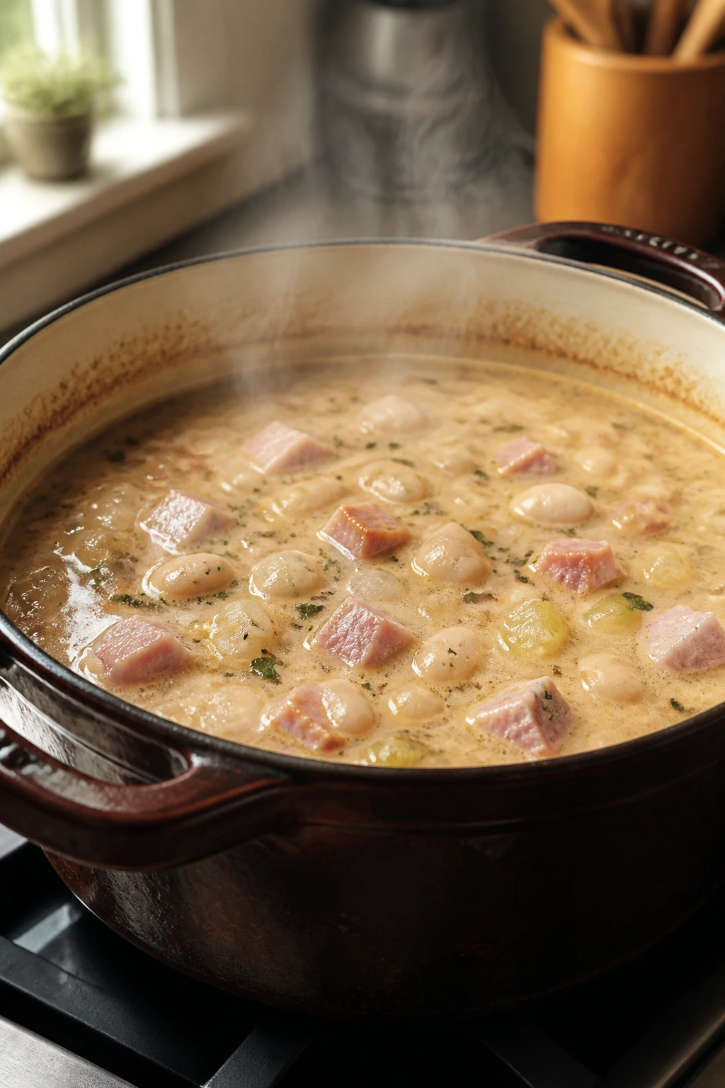 Close-up of creamy ham and bean soup in a pot on a stove, steam rising in a cozy kitchen
