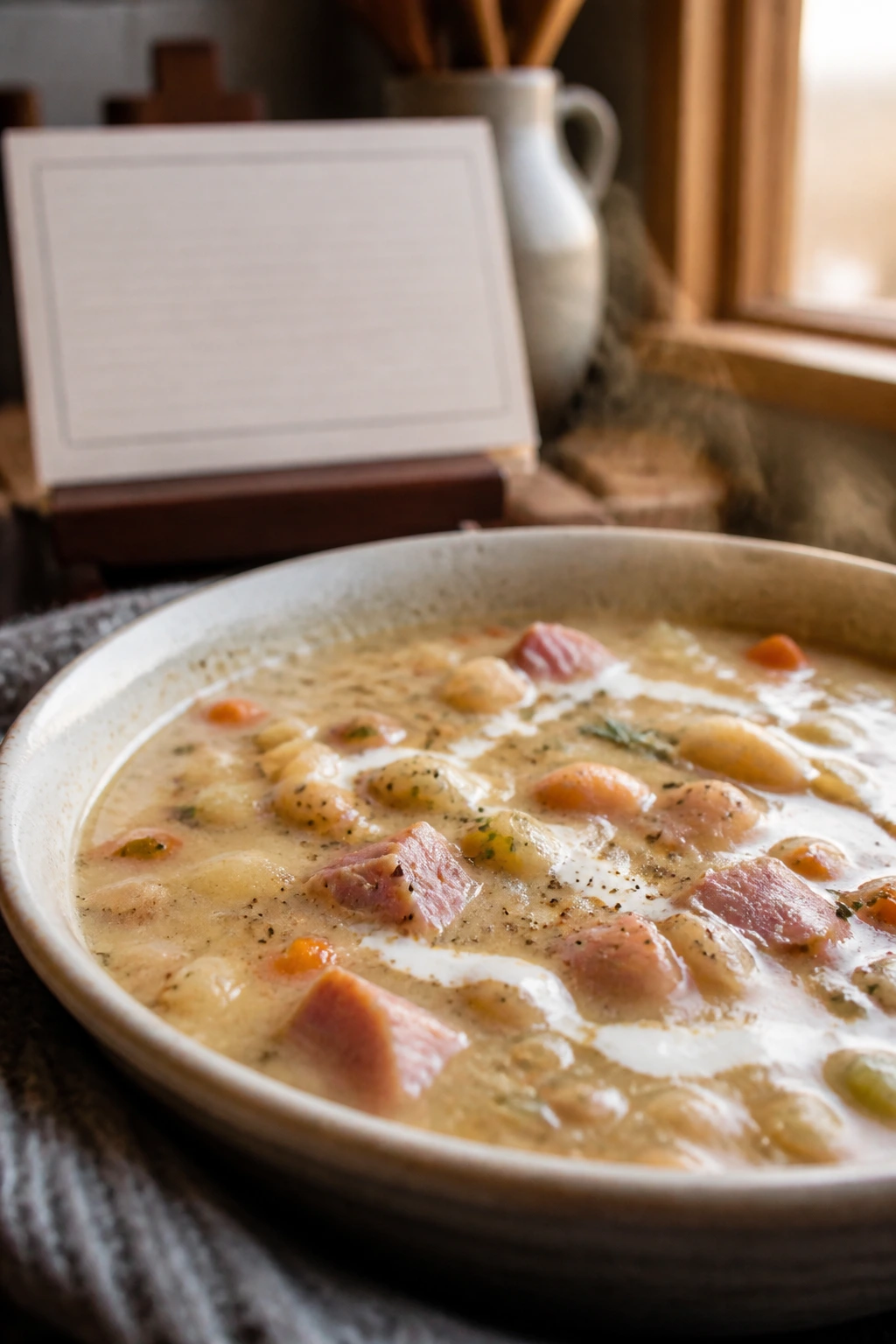 Close-up of creamy ham and bean soup with a blurred recipe card background