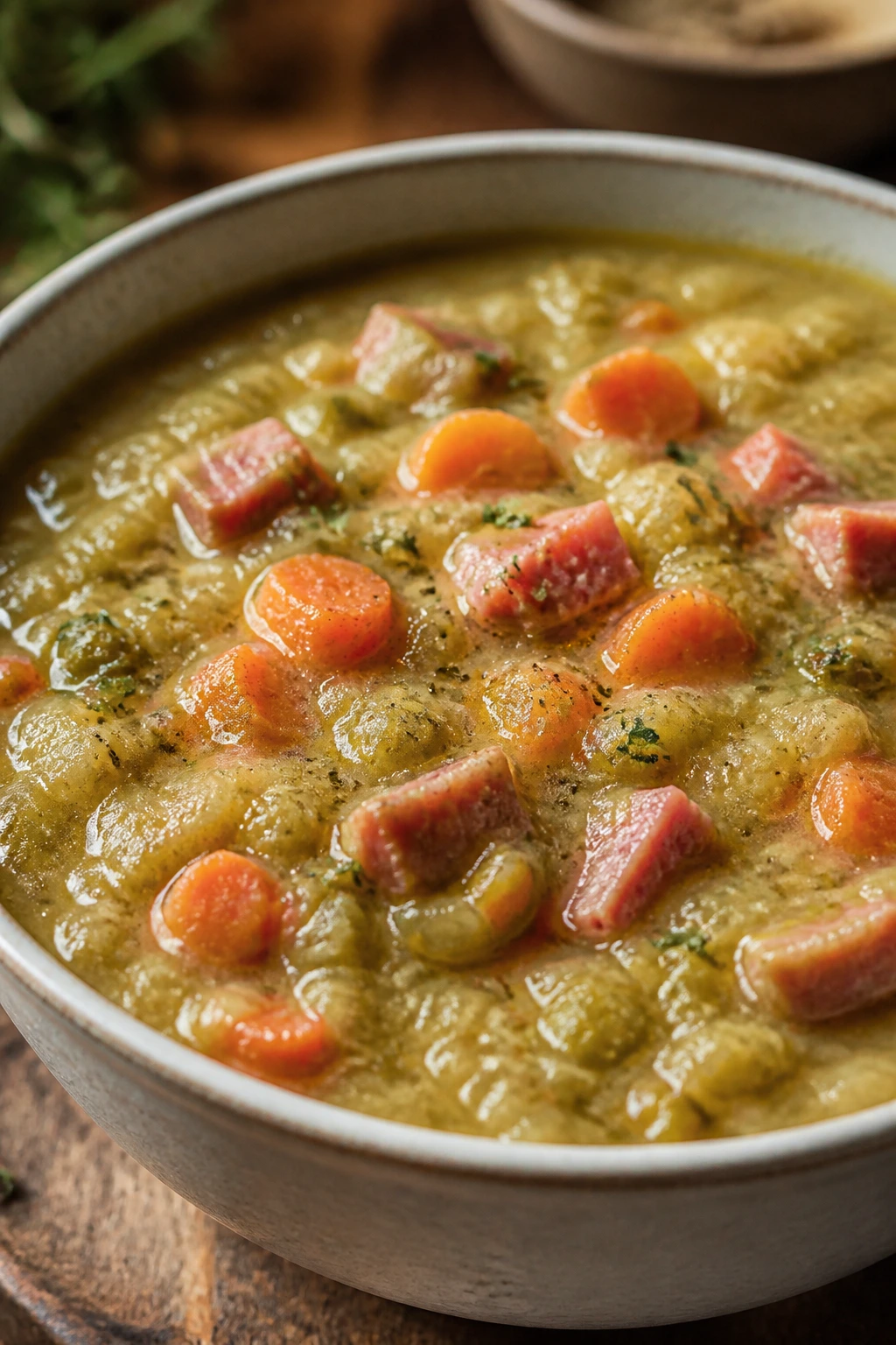Close-up of ham and split pea soup with carrots