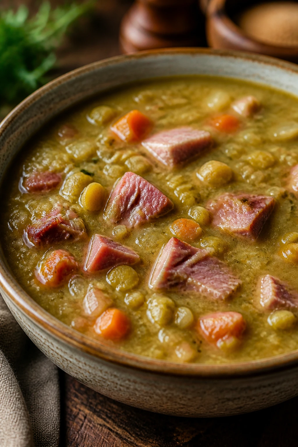 Close-up of Ham and Split Pea Stew in a rustic bowl with ham and peas