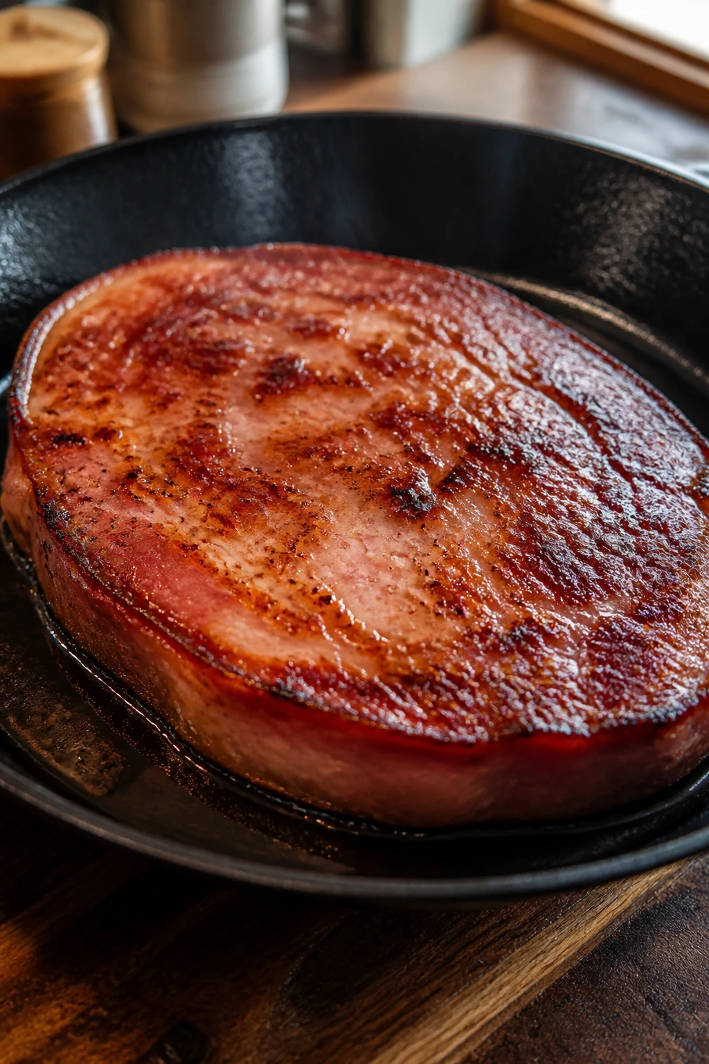 Close-up of a browning ham steak in a cast-iron skillet