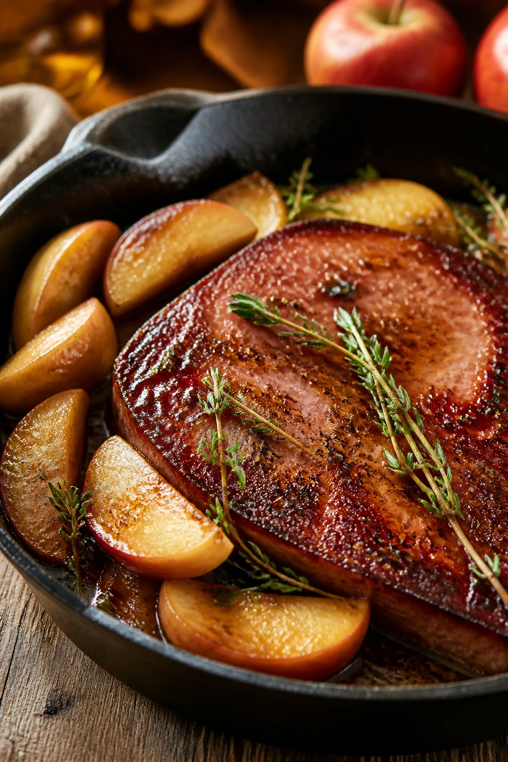 Ham steak with fried apples and thyme in skillet
